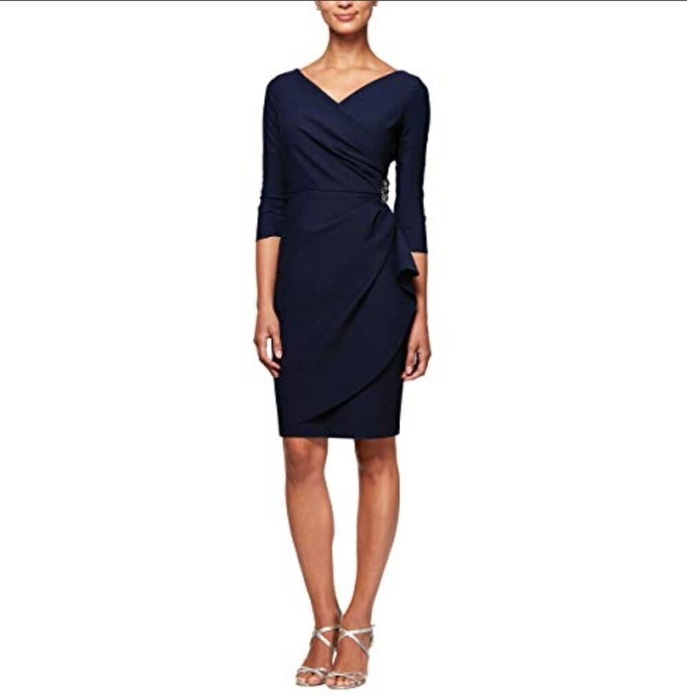Alex Evenings Slimming Short Sheath 3/4 Sleeve Dress with Surplus Neckline 10